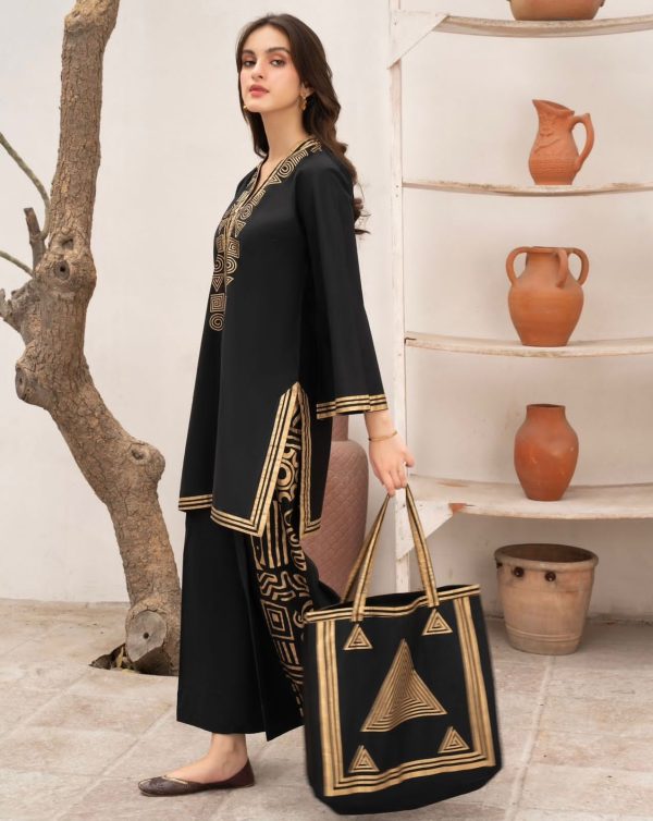 3 Pcs Linen Print Dress & Bag