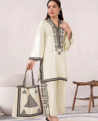 3 Pcs Linen Print Dress & Bag